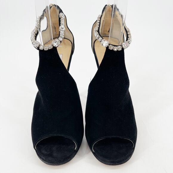 Jimmy Choo Farah Black Suede Crystal Trim Peep Toe Platform Pump Sandal IT 37.5 - Picture 5 of 11